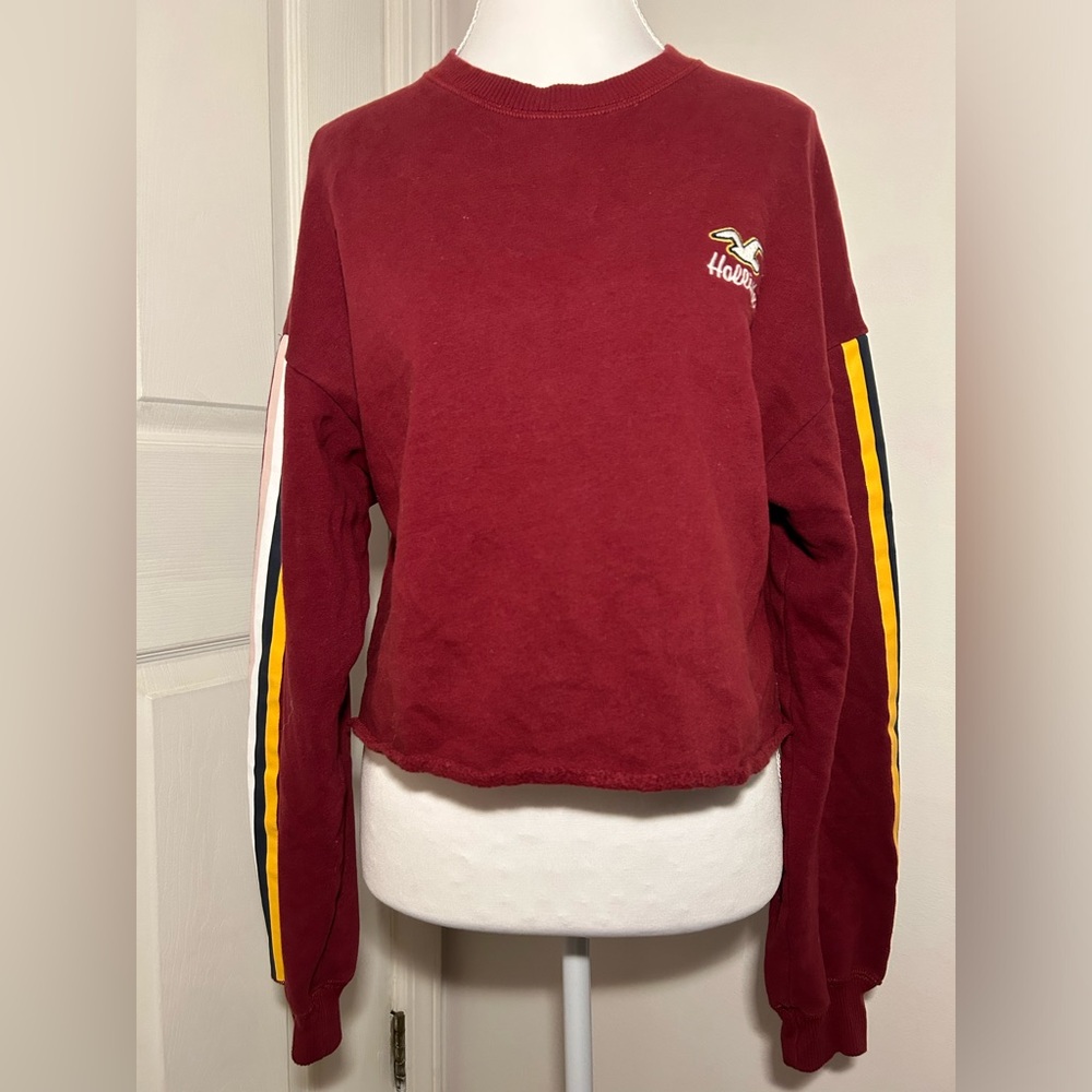 Hollister Burgundy Crewneck Sweater Women’s Hoodie with Stripe Accent